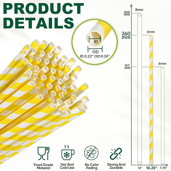 Yellow White Striped Paper Drinking Straws, 10.25 Inch Long, 0.24" Dia. - For Cocktail, Soda, Tall Bottles - 100 PCS