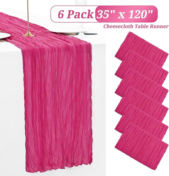 Showgeous 6 Pack Hot Pink Cheesecloth Table Runner, 10FT Long Semi-Sheer Boho or Rustic Gauze Table Runner Wedding Table Decor for Wedding Decor Arch Draping Bridal Shower Holiday Party