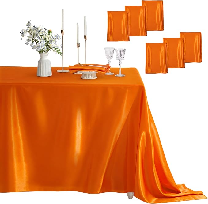 6 Pack Square Satin Table Cover Silkly Soft Table Cloth, Satin Dining Table Cloths for Wedding Banquet Table Decoration, Dining Room, Indoor and Outdoor Use, 52 x 52 Inches, Orange
