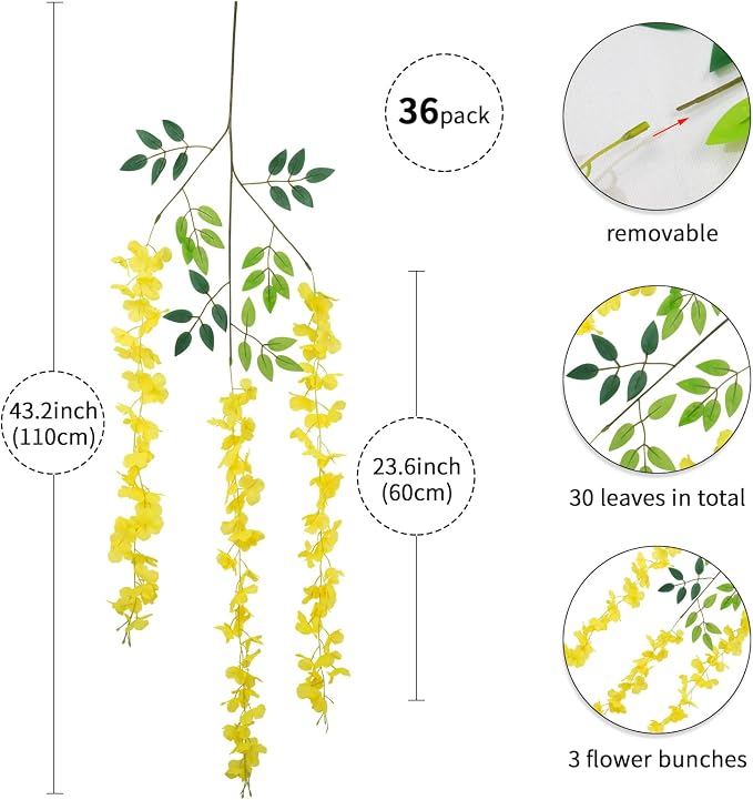 36 Pack Wisteria Hanging Artificial Flowers Fake Flowers Ratta Hanging Garland Silk Flowers String for Home Garden Party Wedding Backdrop Arch Decor (Yellow)