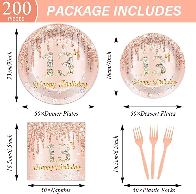 200 PCS Rose Gold 13th Birthday Party Plates Napkins Pink 13th Tableware Set for Happy 13 Years Old Birthday Decorations Dessert Plates Forks Serve 50 Guests for Girls 13 Years Old Party Supplies