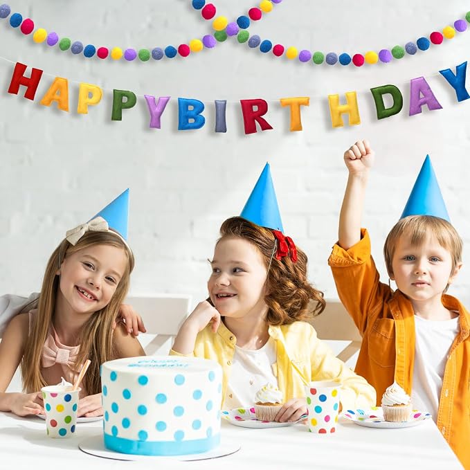 Mindsoft 2 Pcs 9.83ft Pre Strung 3D Happy Birthday Felt Fabric Banner with Ball Garland Reusable Pom Pom Garland for Birthday Party Decorations Sign Photo Prop Boys Girls(Retro Rainbow Color)