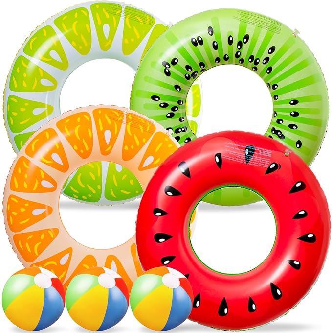 90shine 7-Pack Fruit Pool Floats Floaties: Inflatable Swim Rings & Beach Balls for Summer, Tropical Pool Party Decorations, Floating Tubes Toys for Kids Adults