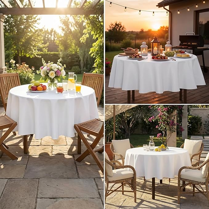 sancua Round Tablecloth - 70 Inch - Water Resistant Spill Proof Washable Polyester Table Cloth Decorative Fabric Table Cover for Dining, Buffet Parties and Camping, White(Fits 24-58 Inch Tables)
