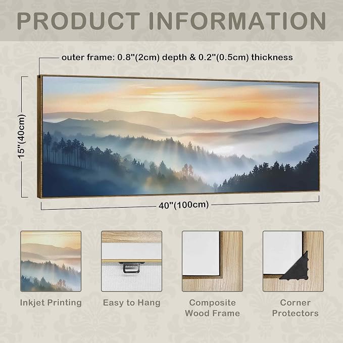 TLESKE Boho Sun Sunrise Sunset Mountain Large Wall Art Decor Framed 15x40, Foggy Forest Woodland Canvas Wall Art Print for Bedroom Above Bed Over Bed Living Room, Landscape Nautre Wall Artwork Picture
