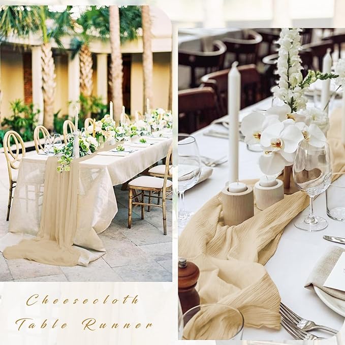 Sand 12 Pieces 35 x 120 Inches Long Cheesecloth Table Runner Gauze Fabric 10Ft Boho Table Runner Rustic Sheer Runner for Wedding Baby Bridal Shower Birthday Holiday Party Table Arbor Decor (Sand)