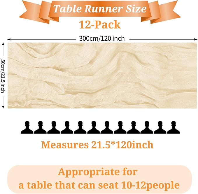 12 Pack Ivory Cheesecloth Table Runner, 10FT Cheesecloth Rustic Boho Table Runner Long Romantic Semi Sheer Table Runner for Wedding Baby Shower Birthday Bridal Party Decorations(21.5×120 Inch)