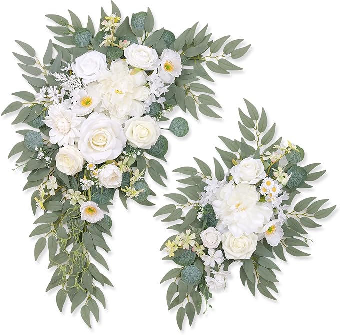 Odouzy Pack of 2 Wedding Arch Decorations Artificial Hanging Flowers Floral Swag for Wedding Welcome Sign Backdrop Balloon Arch Home Party Bridal Ceremony Reusable(New White)