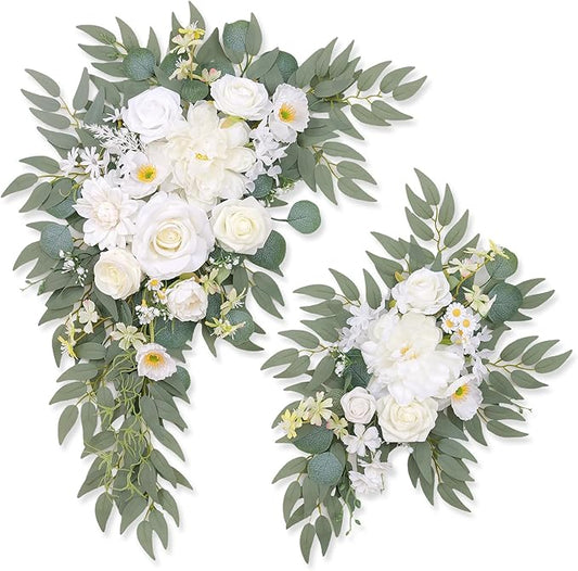 Odouzy Pack of 2 Wedding Arch Decorations Artificial Hanging Flowers Floral Swag for Wedding Welcome Sign Backdrop Balloon Arch Home Party Bridal Ceremony Reusable(New White)