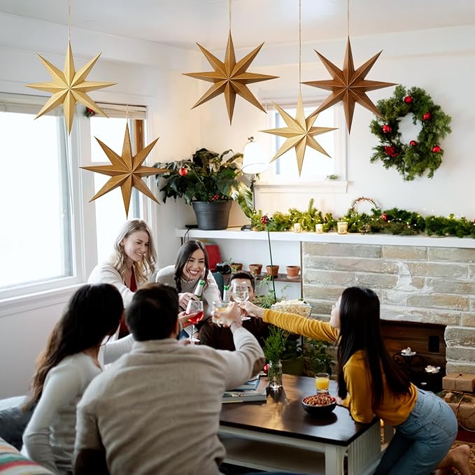 SUNBEAUTY 8-Pointed 12 Inch Paper Star Lanterns Brown Wooden Christmas Lanterns Hanging Lamp Paper Decorations Shade Wedding Birthday Christmas Home Party Decorations