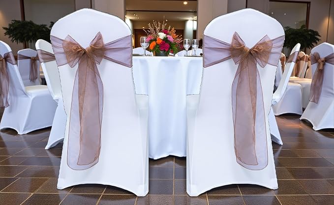 MDS Pack of 250 PCS Organza Chair Sashes Wider Dining Chair Bows Ribbon Tie Back for Wedding Party Birthday Bridal Shower Reception Event Banquet Home Chair Cover Decoration - Coffee