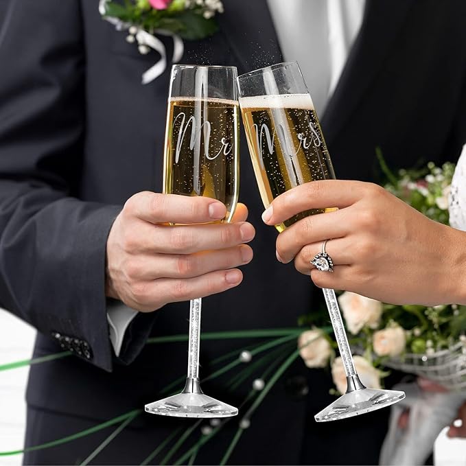 Wedding Cake Knife and Server Set, Mr and Mrs Champagne Flutes, Bride and Groom Champagne Glasses and Wedding Cake Cutting Set for Valentines, Wedding, Engagement, Bridal Shower Gifts (Silver)