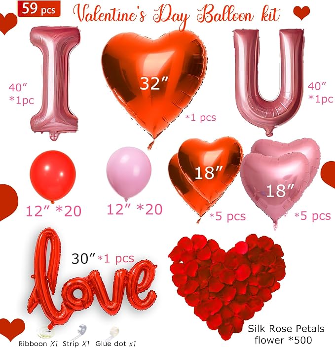 I Love You Balloons Red and pink romantic balloon kit with and pink heart Red LOVE mylar balloons Red rose petals for hotel Decorations Valentines Party wedding anniversary supplies