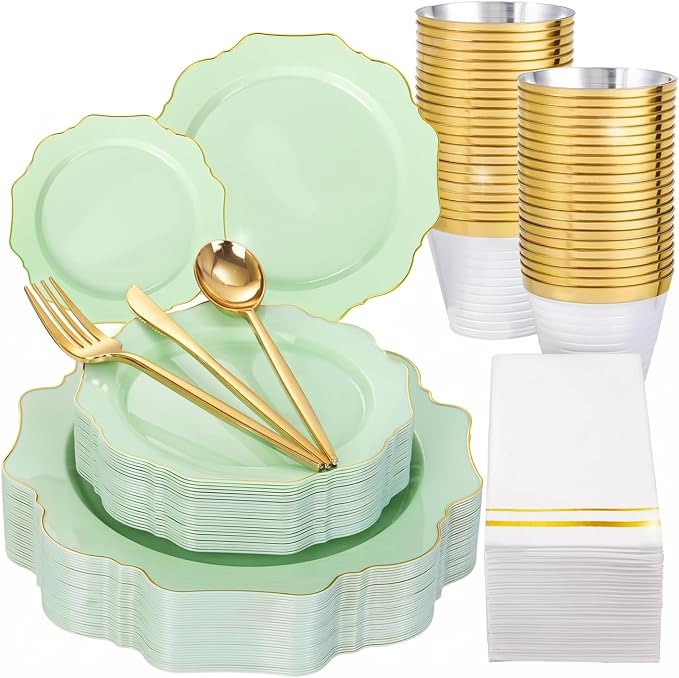 WDF 175Pcs Sage Green Plastic Plates With Gold Rim - Disposable Sage Green Plates 25guest Disposable Dinnerware Ideal for Party/Wedding/Spring Party/First Communion