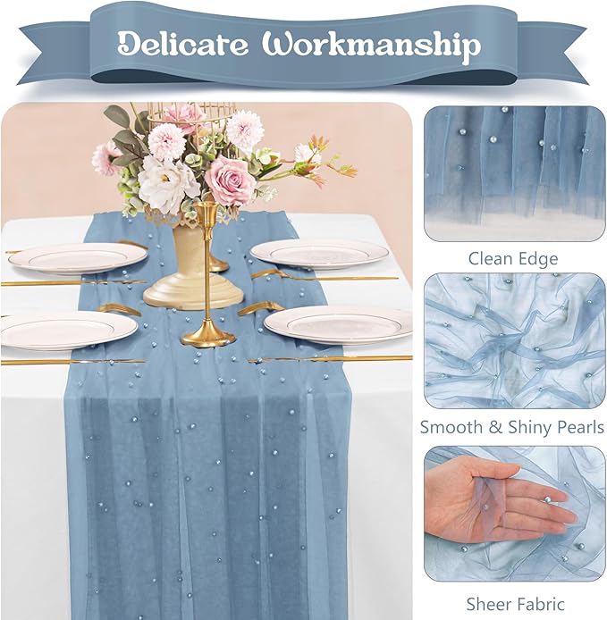 12 Pack 10FT Pearl Table Runner 30x120 Inch Dusty Blue Tulle Fabric Boho Rustic Sheer Table Runners Lace Table Cloth for Wedding Bridal Shower Birthday Party Arch Veil Dessert Table Decor (Dusty Blue)