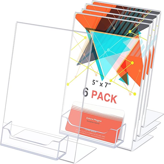 Crtiin 6 Pcs Acrylic Slanted Sign Holder with Business Card Holders Clear Display Stand Flyer Stand with Gift Card Holder for Office Table Advertisement Brochure (5 x 7 Inch,Side Insert)