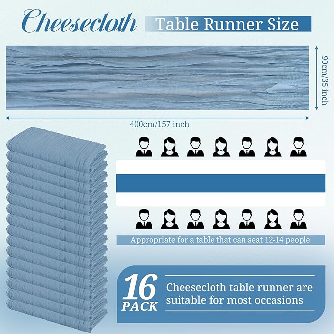 Pesonlook 16 Pack Cheesecloth Table Runner, 13Ft Boho Gauze Table Runner 35×157 Inch Rustic Romantic Long Table Runner for Wedding Party Bridal Shower Thanksgiving Christmas Decoration(Dusty Blue)