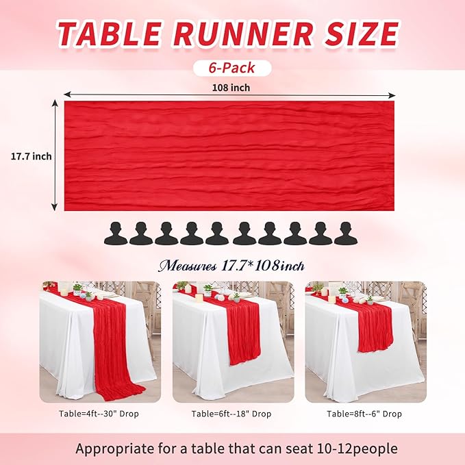 6 Pack Cheesecloth Table Runner,Red Table Runner Long Romantic Semi Sheer Rustic Boho Gauze Table Runners for Wedding Bridal Shower Birthday Party Decorations(17.7×108 Inch)