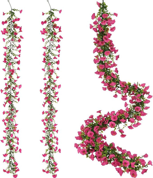 2 Pack Hot Pink Artificial Petunias Flowers Vine Garlands for Outdoor, 6FT Fake Morning Glory Hanging Flowers for Home Garden Table Centerpieces Wall Wedding Decor(Hot Pink)