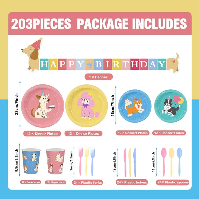 203pcs Retro Puppy Party Decorations Plates Napkins Pet Dog Birthday Party Supplies Retro Puppy Paper Cups Balloon Banner Hanging Swirls Tablecloths for Disposable Dog Birthday Tableware Set Serve 24