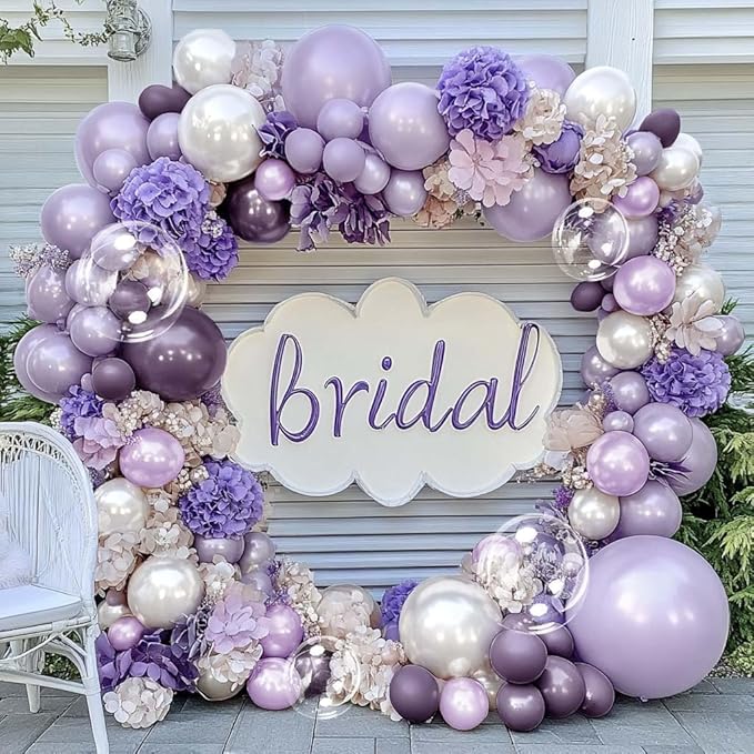 Purple White Balloon Garland Double Stuffed Light White Lilac Balloons Pearl Balloon Arch Kit For Lavender Fairy Birthday Baby Shower Wedding Wild Flower Bridal Shower Party Decor