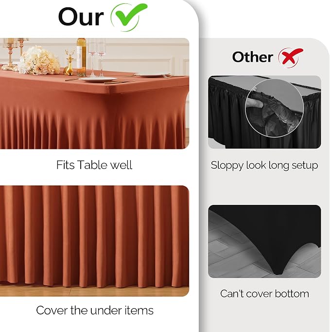 Wish Care 6 Pack Rust Spandex Table Clothes for 6 Foot Rectangle Tables, 6FT Wrinkle Free Fitted Tablecloths Ruffles Design Table Cloth for Party, Banquet, Wedding and Events