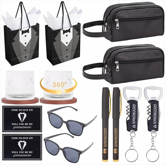 2 Sets Groomsmen Proposal Gifts, Proposal Bags with Spinning Whiskey Glasses PU Leather Toiletry Bag Best Man Bottle Opener Sunglasses Pen Card for Wedding Groomsman Best Man Gift