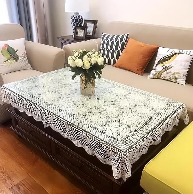USTIDE Handmade Crochet Lace Tablecloth Cotton Crochet. Ecru 63"X 43" Rectangle Crocheted Table Covers for Tea Table Dressers