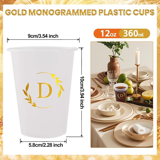 100 Monogrammed Cups Disposable Initial Plastic Cup 12 oz Wedding Personalized Cup for Wedding Reception Baby Shower Birthday Party(Letter D)
