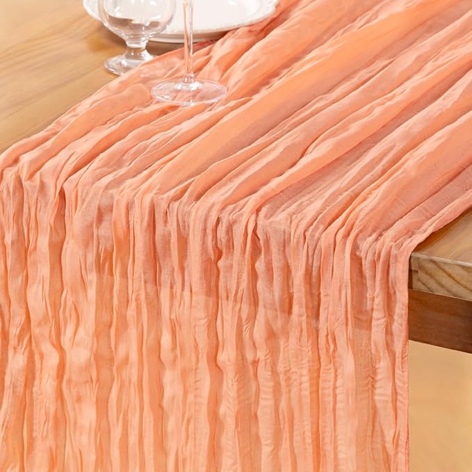 DeZerlor Peach Cheesecloth Table Runner Spring Easter Table Runner Boho Gauze 120 Inches Cheese Cloth Table Decor for Wedding Bridal Baby Shower Parties