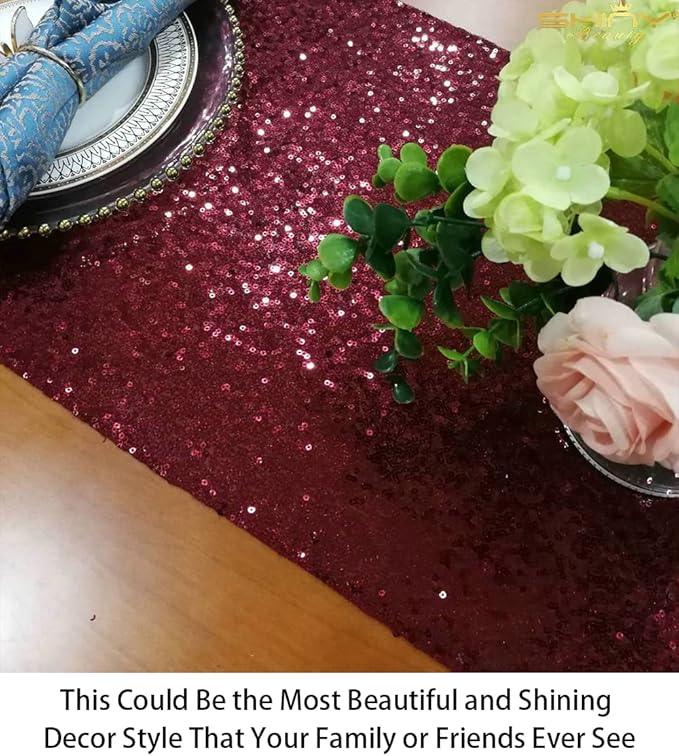ShinyBeauty Sequin Table Runner Burgundy 12x108-Inch Wine Table Runner Pack of 10 Table Covers for Party Bridal Shower Decorations Dark Red Wedding Table Runners Glitter Table Runner for Dining
