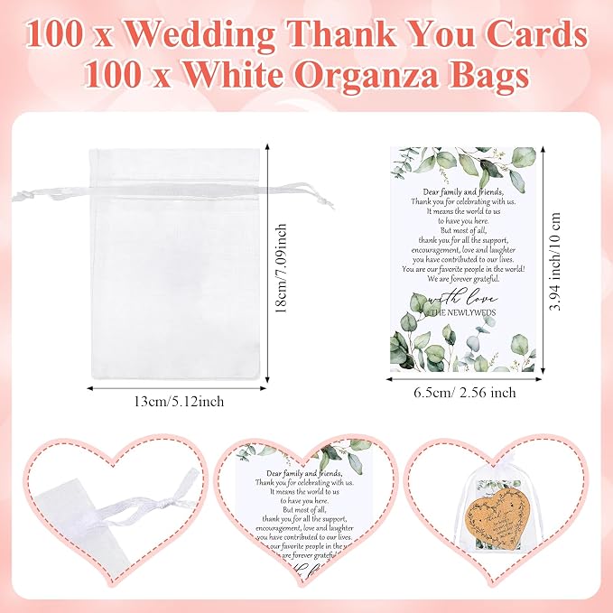 100 Sets Rustic Wedding Favor Coasters, Heart Cork Coasters for Guests, Mr & Mrs Coaster Favors with Thank You Cards & Organza Bags, Bridal Shower Party