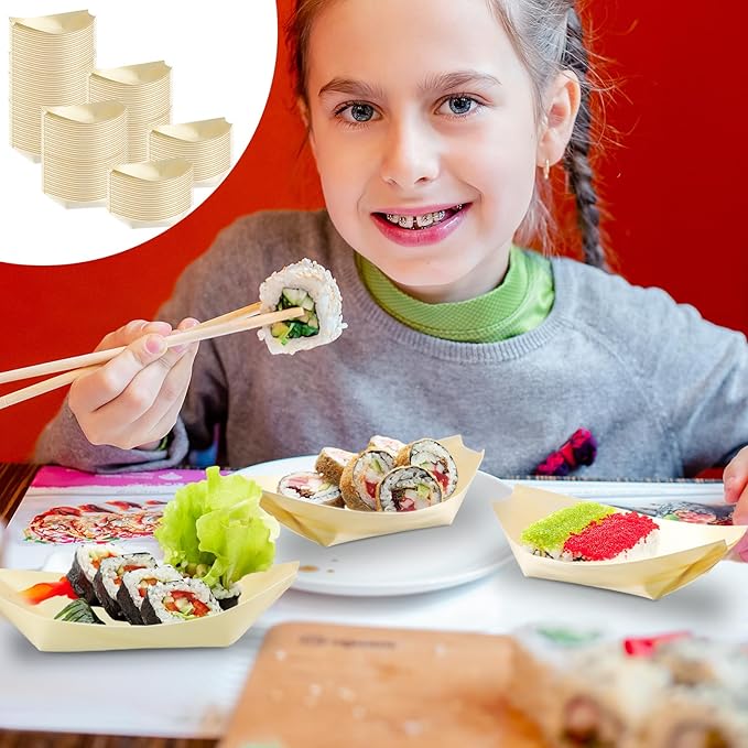 Hoolerry 300 Pcs Disposable Wood Boat Plates Dishes 4 Inches Bamboo Plates Sushi Boat Disposable Bamboo Leaf Dish Serving Tray Food Container Wood Bowl For Catering Home