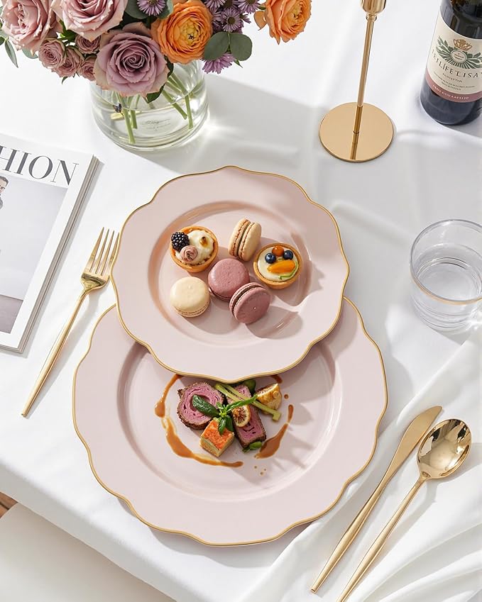 bUCLA 180PCS Pink Plastic Plates - Pink with Gold Rim Disposable for Party Include 30 Each (Dinner & Dessert) Plates, 30 Knives, 30 Forks, 30 Spoons, 30 Cups for Wedding, Birthday & Mother's Day