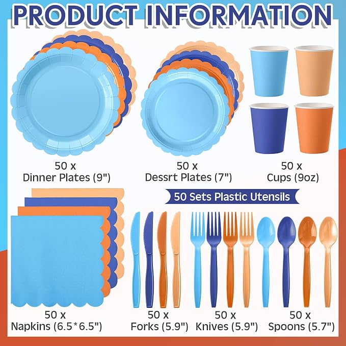 Ziliny 350 Pcs Blue Orange Plates and Napkins, 50 Guest Blue Dog Party Supplies Include Scalloped Paper Plates Napkins Cups Plastic Spoons Forks Knives Disposable Tableware Set for Dart Birthday Party