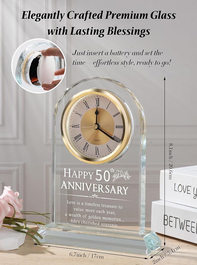 Timeless Anniversary Clock - Perfect 50th Wedding for Parents, Couples, Women & Men - Unique Golden Ideas for Husband & Wife - Elegant Alarm Clock
