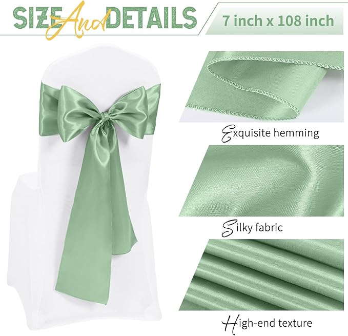 120 PCS Sage Green Satin Chair Sashes, Ties Bows Designed Chairs Decorative, Chair Cover Sashes for Thanksgiving Wedding Christmas Banquet Party Home Kitchen Decoration (7 x 108 inch)