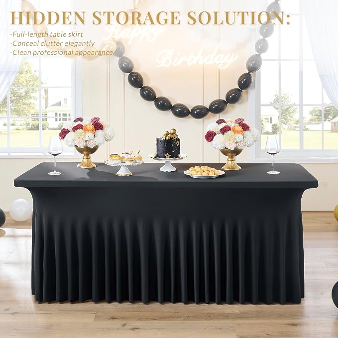 Black Spandex Table Cloths for 6 Foot Rectangle Tables, 2 Pack Wrinkle Free Fitted Table Cover 6ft Tablecloth Stretchy Table Skirt for Parties Weddings Banquet Birthday Baby Shower
