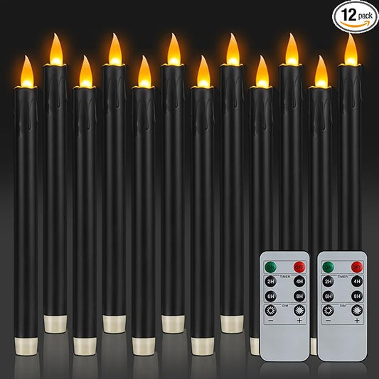 wemarry 10" Flameless Taper Candles with Remote, 12 Pcs Black Electric Led candlesticks, Plastic Tall Taper Candles Battery Operated with Flickering Flame for Halloween Christmas Wedding Home Décor