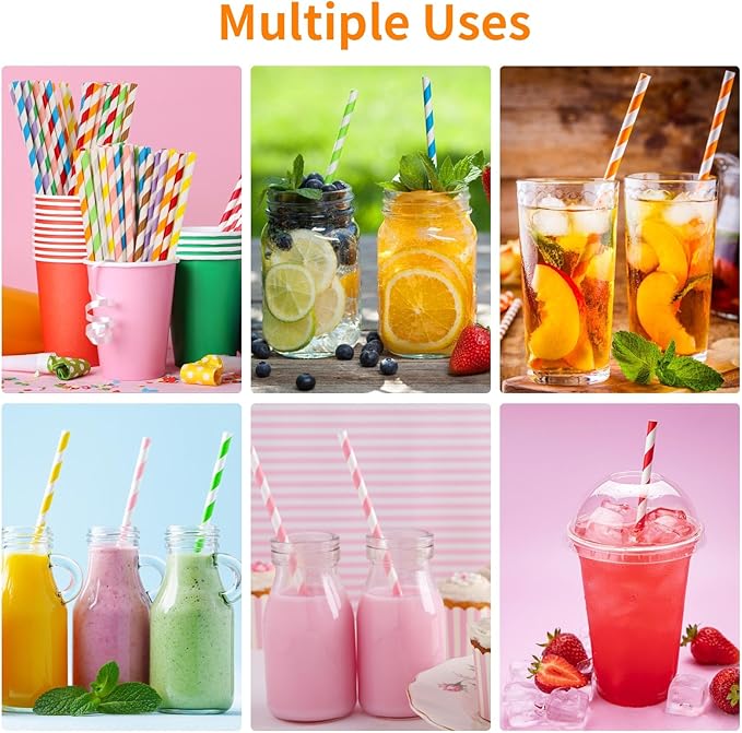 200Pcs Biodegradable Straws, 10 Colors Striped Paper Straws, Disposable Drinking Straws for Cocktail, Coffee, Lemonade