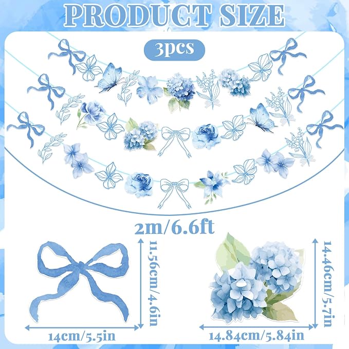Blue Party Decorations, Blue Hydrangea Flower & Bow Themed Party Decorations, with 3 Pre-strung Flower Banners and 20 Hanging Swirls for Women Girl Birthday, Baby Showers, Bridal Showers, Birthdays, Tea Parties