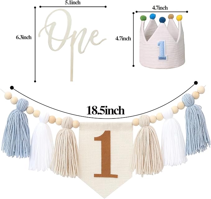DCJHFJ Baby Boy First Birthday Party Decorations for Blue High Chair Banner with One Cake Topper Crown Hat