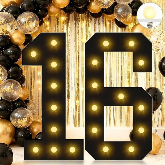 4FT Marquee Light Up Numbers, Black Giant Marquee Number 16, Pre-Cut Foam Board Set Can Be Used for Birthdays,Weddings,Party Anniversaries