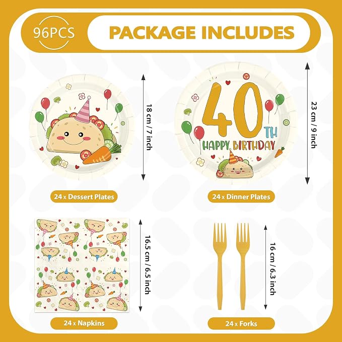 96Pcs Taco 40th Birthday Party Decorations Taco 40th Bout Plates and Napkins Mexican Fiesta Decoration for Men Women 40 Year Old Cinco De Mayo Fiesta Mexicano Summer Birthday Party Supplies Serves 24