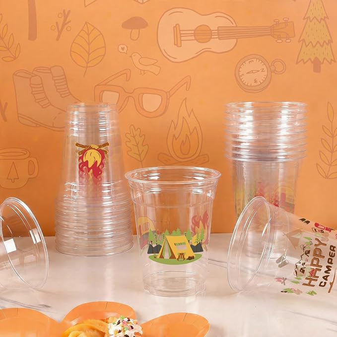 Camping Party Decorations Cups, 50 Pcs 12Oz Bulk Disposable Drinking Camping Theme Plastic Cups for BBQ Coffee Tea Beverage Backyard Birthday Shower Wedding Christmas Party Decorations Favors