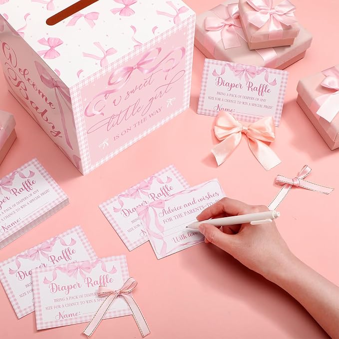 Teling 51 Pieces Diaper Raffle Tickets with Card Box Baby Shower Decorations Baby Shower Holder Box for Girl Boy Diaper Raffle Party(Pink Bow Style)