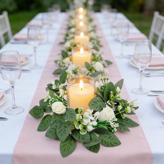 4 Pcs White Rose Candle Rings, 9 Inch Small Eucalyptus Wreath with White Roses & Baby Breath, Artificial Floral Candle Wreath Rings for Pillar Candle Wedding Table Centerpieces Home Decor