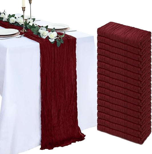 16 Pack Burgundy Cheesecloth Table Runner 10ft Boho Gauze Fabric 120 Inch Cheese Cloth Table Runner Rustic Sheer for Holiday Baby Shower Party Décor Home Wedding Decoration
