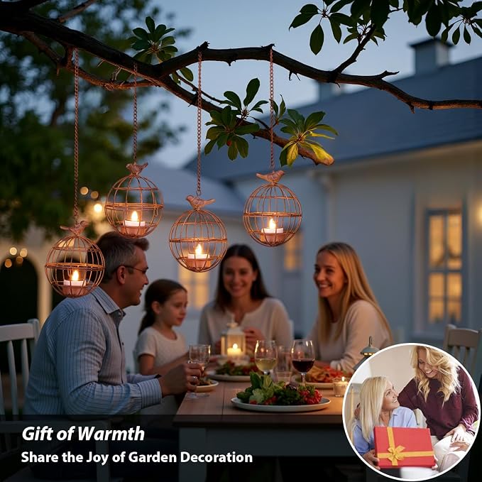 Outdoor Solar Hanging Lantern Lights, 4 Pack Rustic Ball Birdcage Hanging Candle Holder with Solar Tea Lights, Outdoor Waterproof Decorations for Patio, Backyard, Pergola, Tree Decor (Dark Orange)
