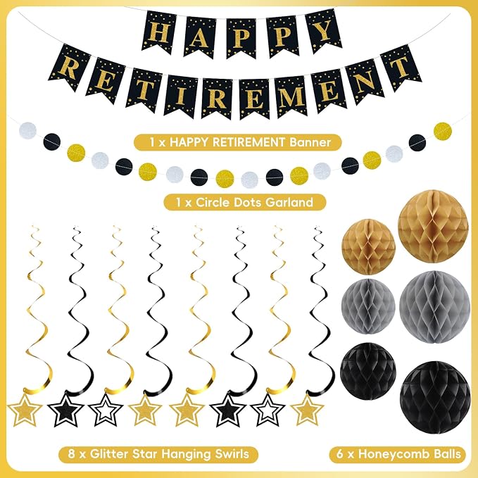 Happy Retirement Party Decorations for Men Women Black Gold Happy Retirement Banner Honeycomb Balls Pentagram Hanging Swirl Streamers Circle Dots Garland